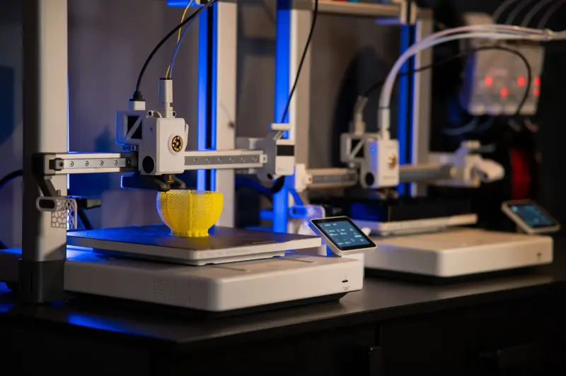 A person working on a professional-grade 3D printer in a workshop