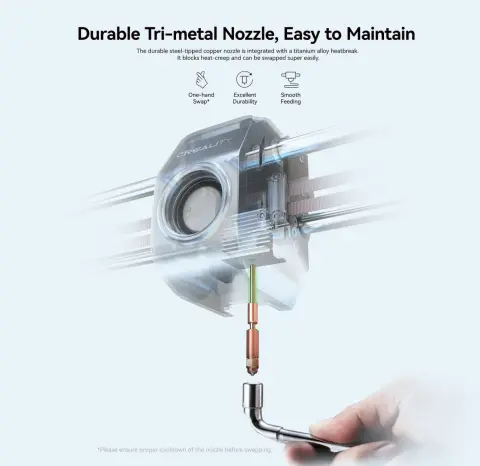 Durable Tri‑Metal Nozzle, Easy to Swap